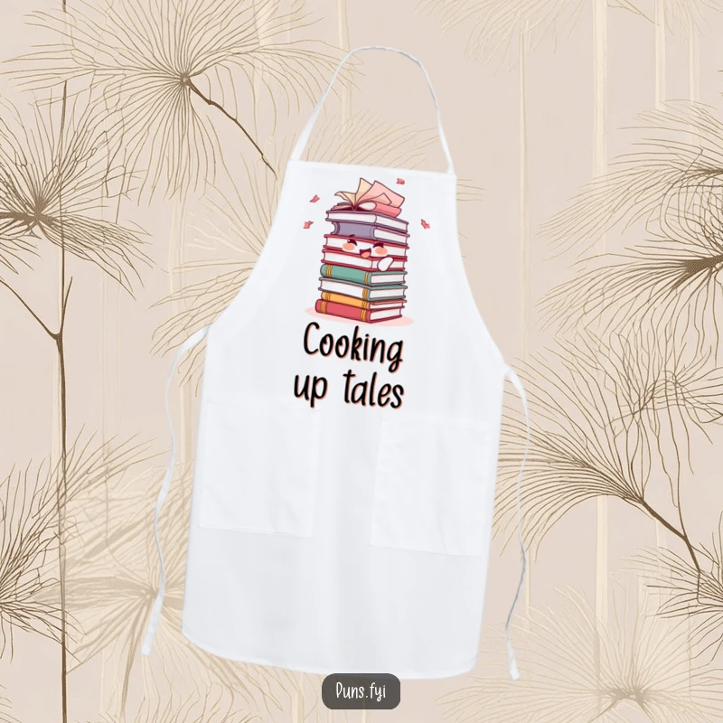 Funny apron depicting a joyful stack of books character with fluttering pages, ready to whip up some delicious literary ideas.
