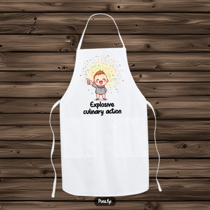 Funny apron with an enthusiastic character amidst a lively exploding confetti burst, perfect for festive cooking and baking.