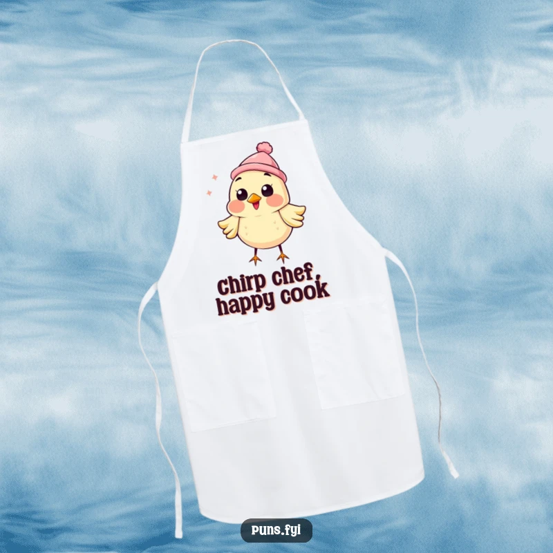 Funny apron featuring a happy bird wearing a tiny hat, chirping loudly and joyfully while protecting your clothes.