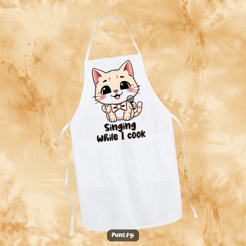 Funny cat apron showing a smiling cat wearing a bowtie and holding a tiny microphone, a humorous and stylish kitchen accessory.