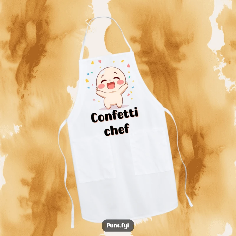 Funny apron depicting a happy character giggling while tossing confetti, perfect for festive kitchen activities.