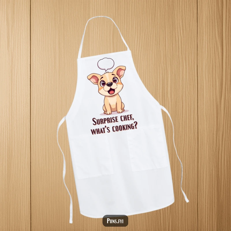 Funny apron featuring a dog with perked ears and wide, surprised eyes, a large speech bubble above its head, ready for cooking.