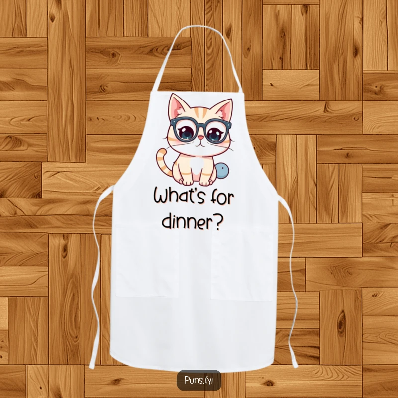 Funny kawaii cat with glasses, pondering a question mark, a cute and funny apron.