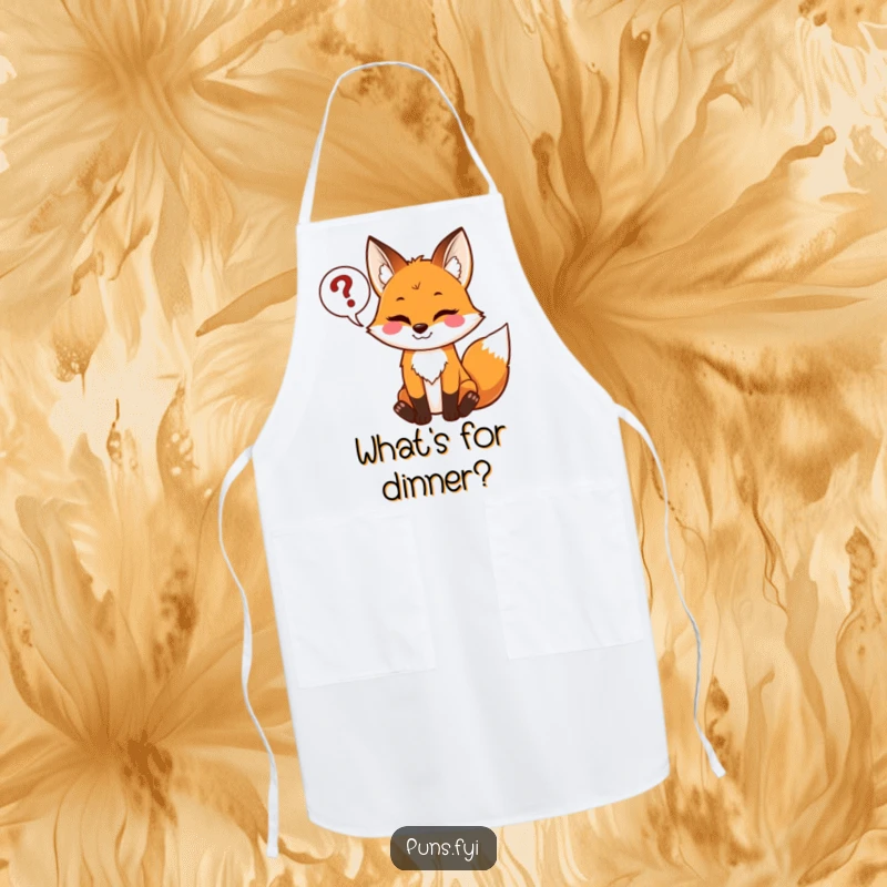 Funny apron featuring a mischievous fox with a grin, holding a speech bubble full of question marks, adding humor to cooking.