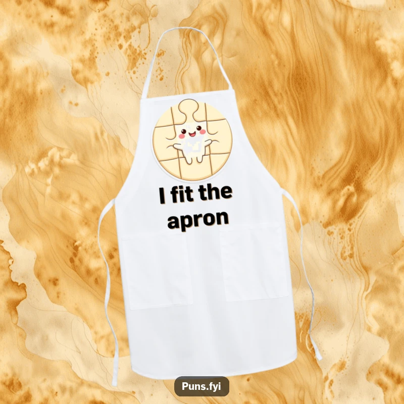 Funny apron with a joyful puzzle piece character fitting perfectly into a larger outline, ready for kitchen duties with a smile.