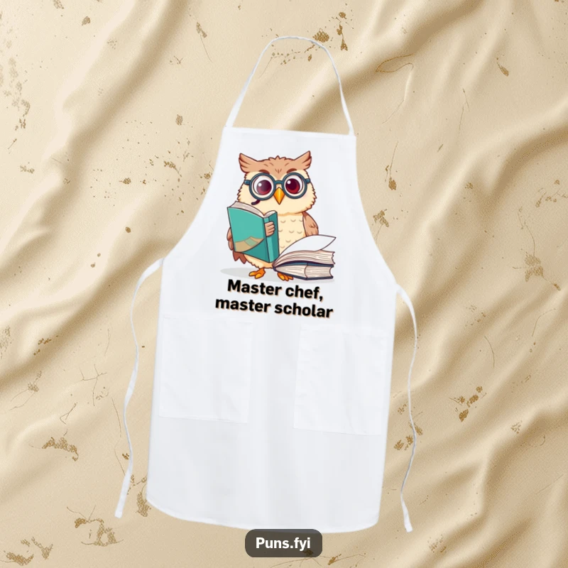 Funny owl apron with a happy owl wearing a monocle, pointing at a large book, adding scholarly humor to kitchen tasks.
