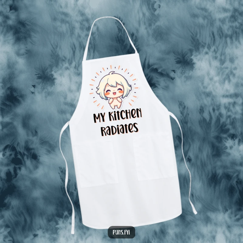 Funny apron with a character radiating joy, perfect for chefs who love to spread happiness while cooking.