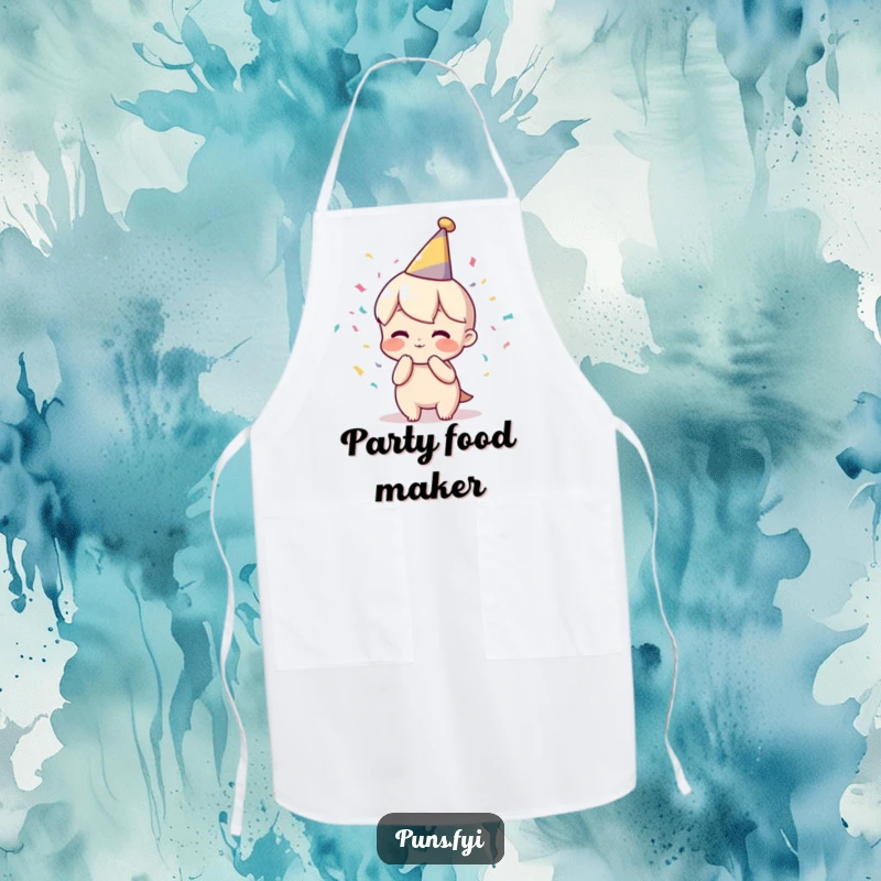 Funny apron featuring a character in a party hat blowing confetti, ideal for cooking and celebrating with festive flair.