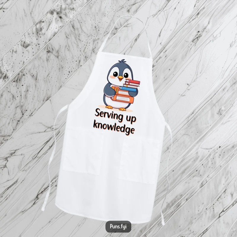 Funny Penguin Apron featuring a cheerful penguin chef holding books, perfect for a humorous cooking experience.