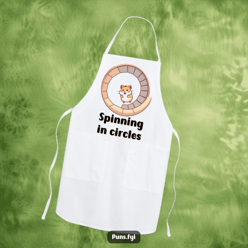Funny hamster apron showing a hamster racing up a spiral staircase, perfect for culinary adventures and adding energetic humor.