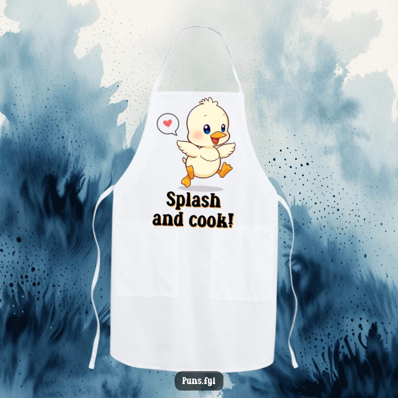 Funny apron featuring a kawaii duckling leaping joyfully, a speech bubble nearby, ideal for happy cooking sessions.