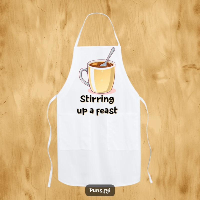Funny apron illustrating a tiny spoon attempting to stir a large coffee mug full of sparkling liquid, for kitchen humor.
