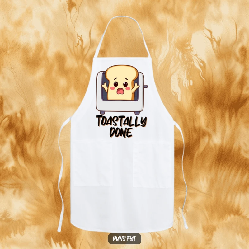 Funny surprised loaf of bread with small arms reaching into a toaster, durable kitchen apron, adding humor to cooking and baking tasks.