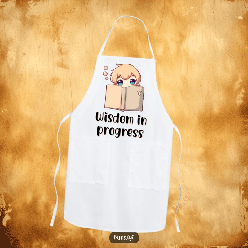 Funny apron depicting a curious thought bubble character peeking from behind a book, ready to whip up a tasty idea.