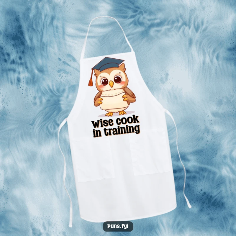Funny apron featuring a cute owl wearing a graduation cap and presenting a scroll, bringing smart humor to the kitchen.