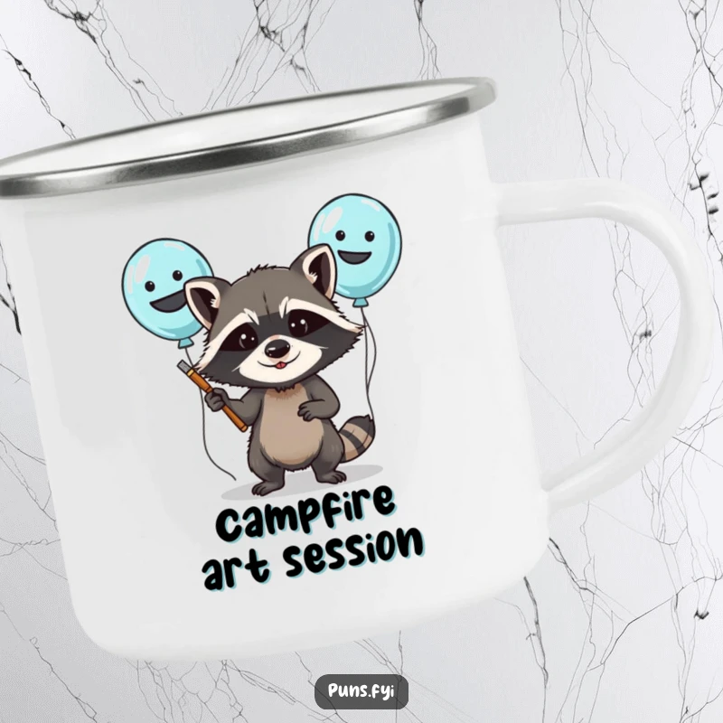 Funny camping mug showing a determined raccoon painting silly faces on balloons, designed for adventurous party-goers.