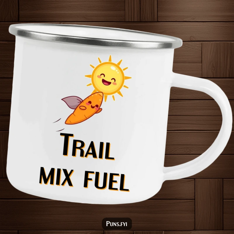 Funny camping mug with a cheerful carrot wearing a cape flying towards a laughing sun, for humorous outdoor moments.