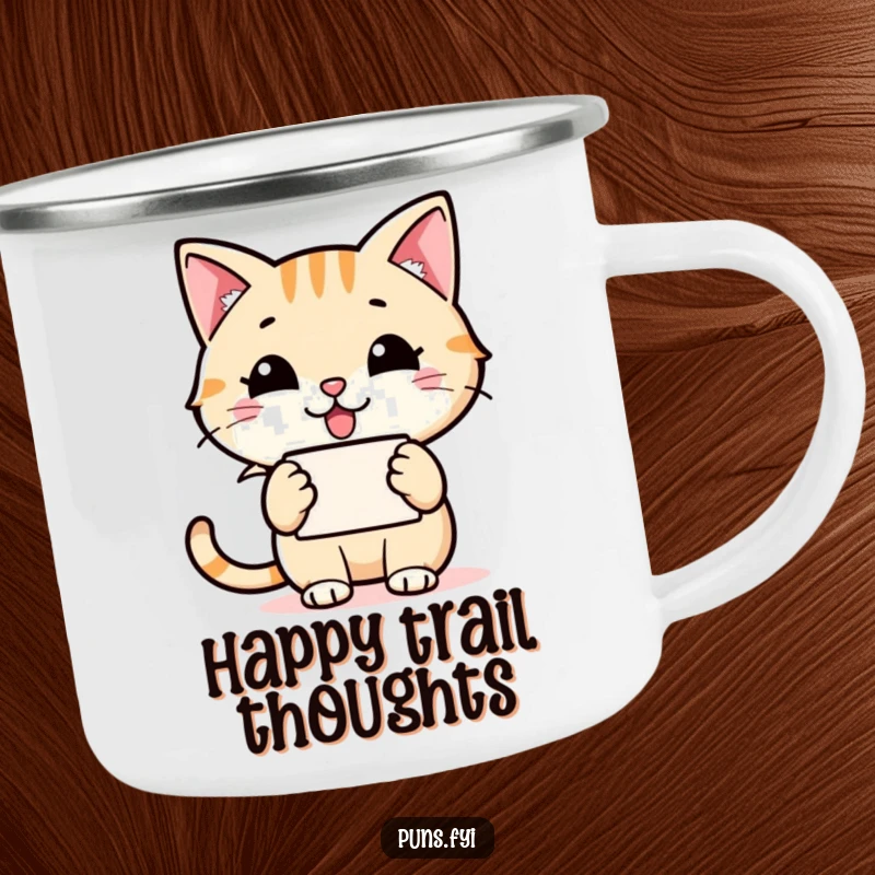 Funny cat speech bubble camping mug with a happy cat holding a speech bubble and a grinning word icon, perfect for cheerful outdoor chats.