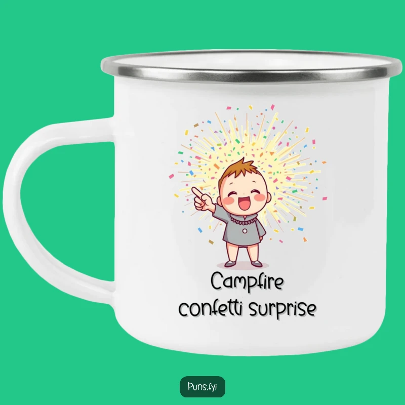 Funny Confetti Burst Camping Mug: Enthusiastic Character Drinkware for Festive Adventures