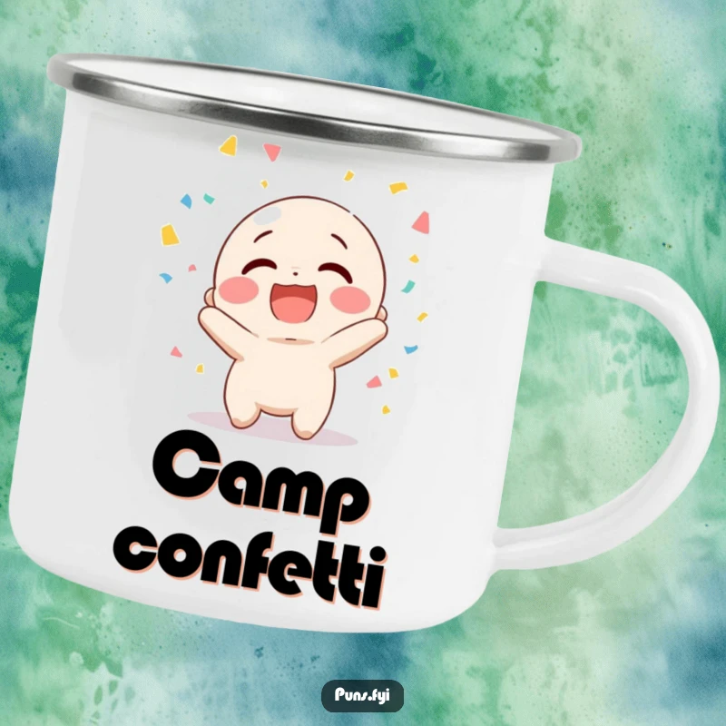 Funny camping mug showing a happy character giggling while tossing confetti, perfect for festive outdoor enjoyment.