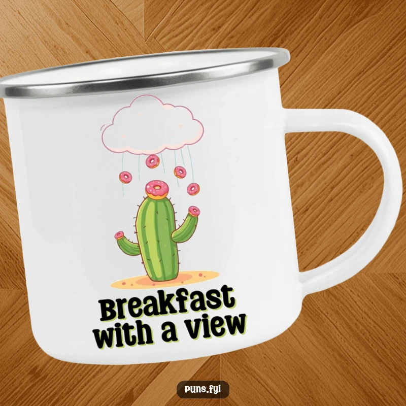 Funny camping mug showcasing a cloud raining tiny donuts onto a surprised cactus, perfect for sweet outdoor moments.