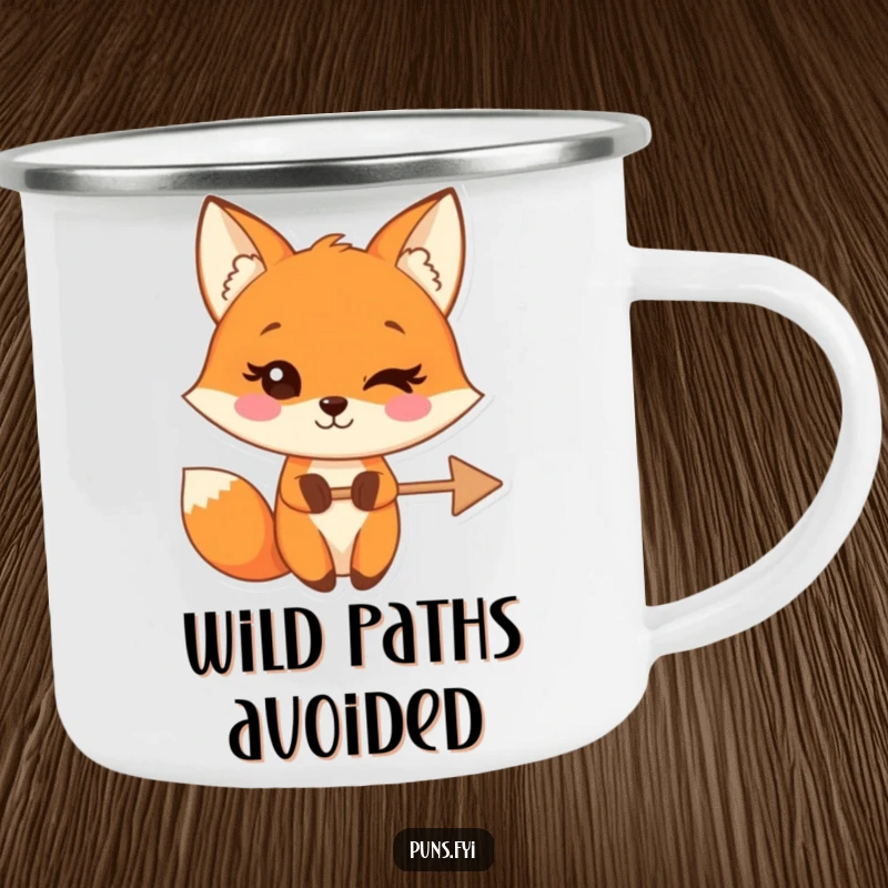 Funny camping mug with a winking fox character holding a crossed-out arrow, perfect for sipping with playful attitude outdoors.