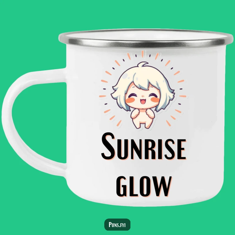 Funny Joy Radiating Camping Mug: Happy Character, Trailside Cheer