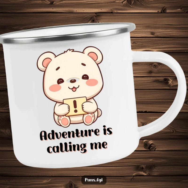 Funny kawaii bear with a playful grin holding an exclamation mark sign on a rugged enamel camping mug, great for a funny gift.