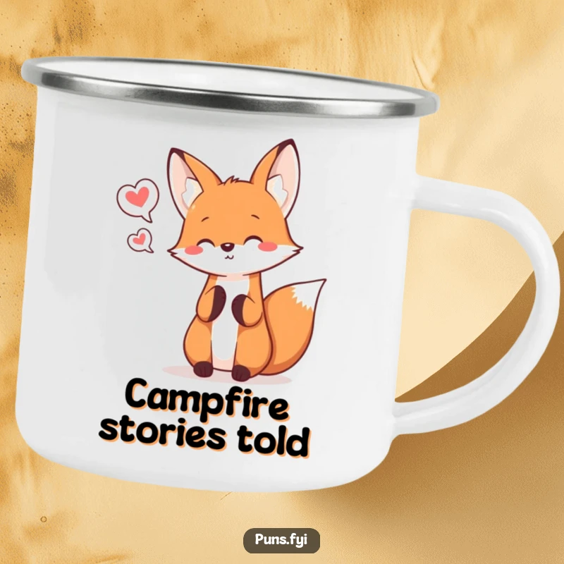 Funny kawaii fox juggling speech bubbles, a durable and cute camping mug for adventurers.