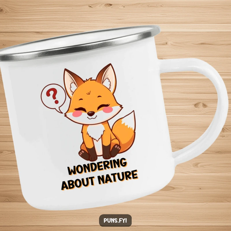 Funny camping mug with a mischievous fox holding a speech bubble of question marks, ideal for cozy outdoor drinks.