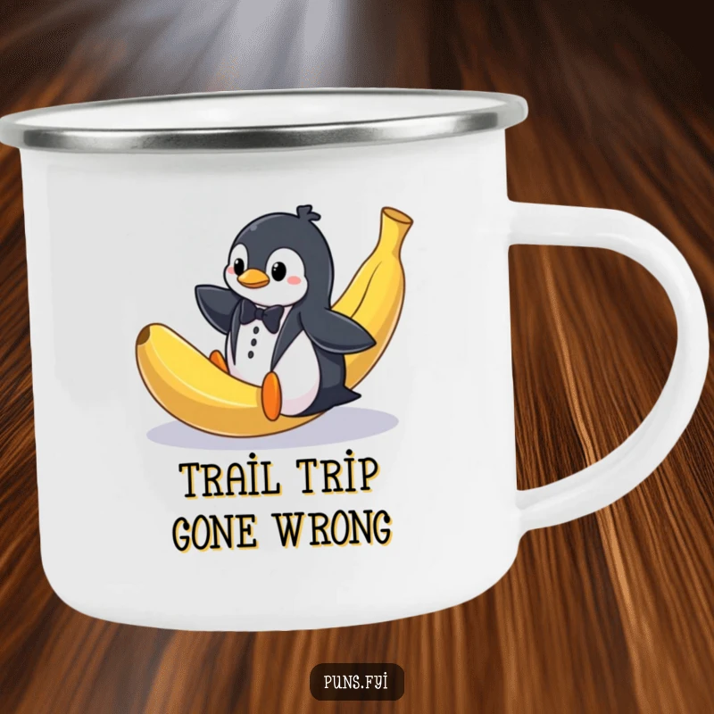 Funny camping mug showcasing a penguin in a tuxedo comically slipping on a giant banana peel, an adventurous and humorous companion.