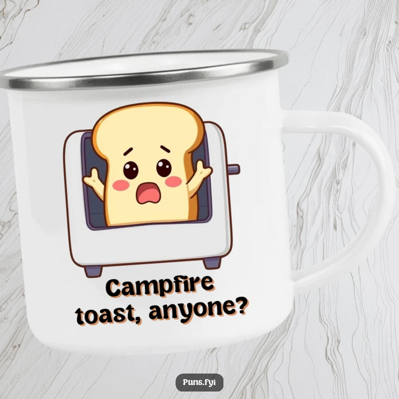 Funny surprised loaf of bread with small arms reaching into a toaster, enamel camping mug, ideal for enjoying drinks outdoors humorously.