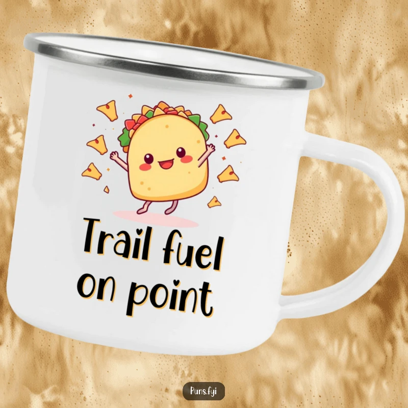 Funny camping mug showcasing a taco with tiny legs dancing joyfully, with tiny nachos flying, perfect for fiesta-loving adventurers.