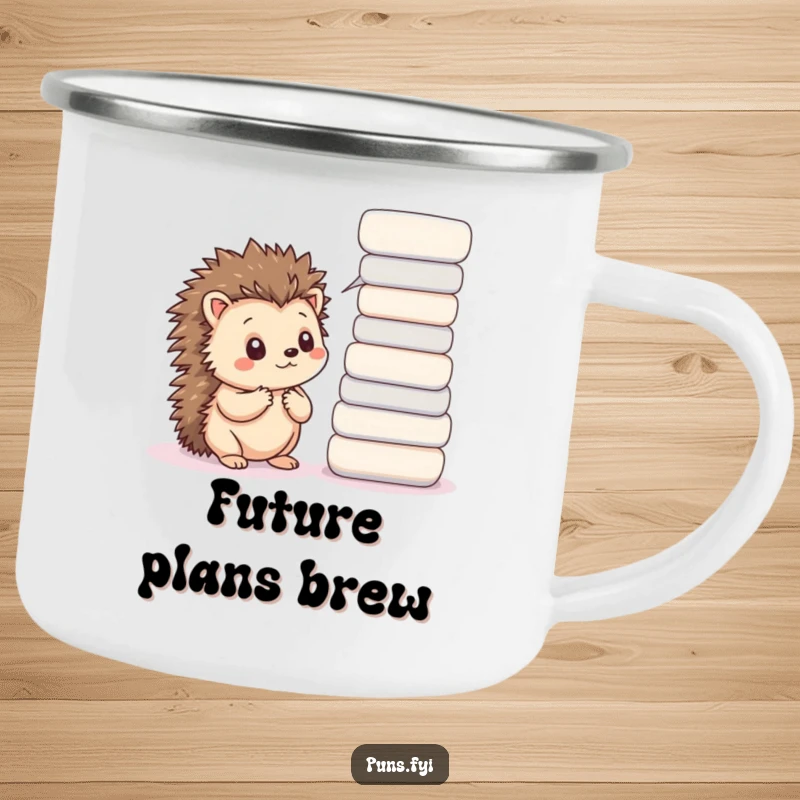 Funny camping mug featuring a thoughtful kawaii hedgehog with word bubbles, perfect for hot drinks during outdoor reflection.