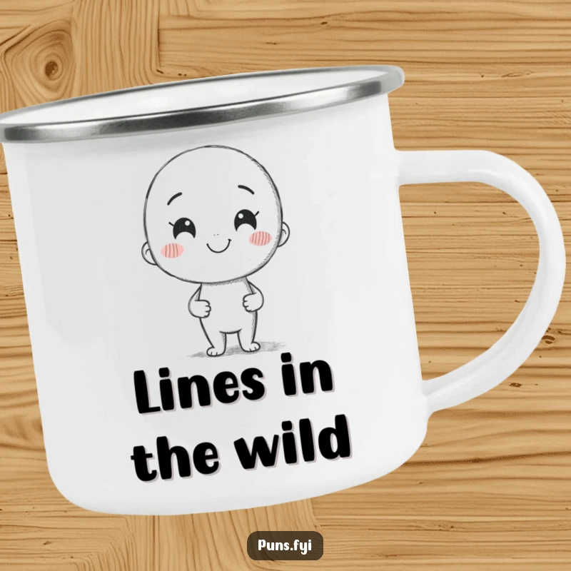 Funny camping mug depicting a smiling pencil character drawing a crooked line, perfect for outdoor creative sessions.