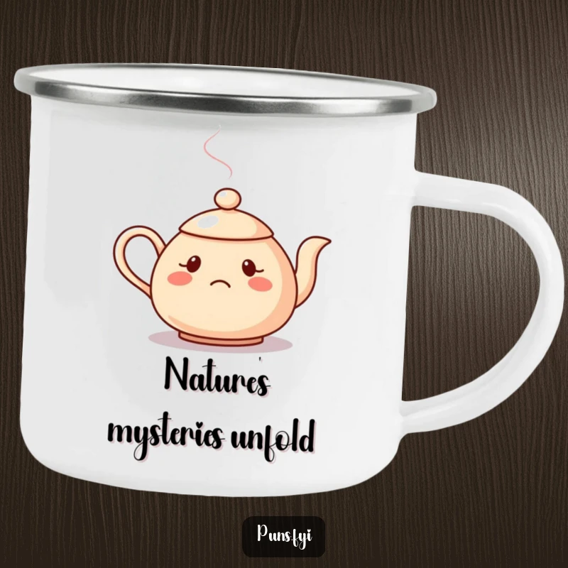 Funny camping mug showcasing a confused teapot with steam forming a question mark, perfect for contemplating nature.