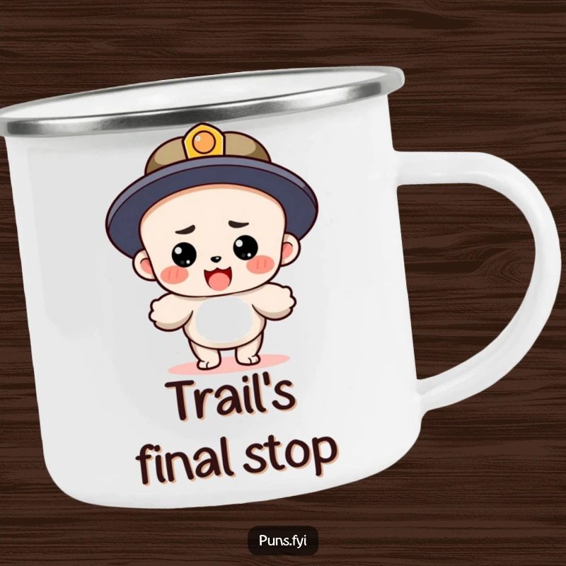 Funny camping mug showing a determined period character landing after a lengthy sentence, ideal for rugged adventurers who appreciate literary humor.