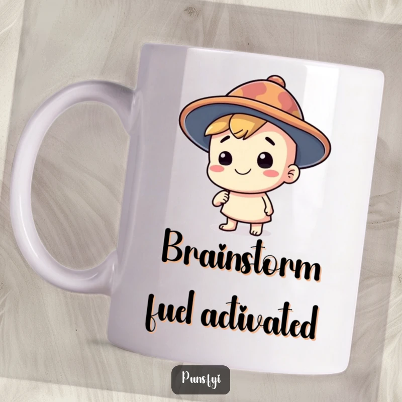 Funny mug featuring a happy character wearing a silly, oversized thinking cap, symbolizing quirky thoughts and big ideas, a great funny gift.