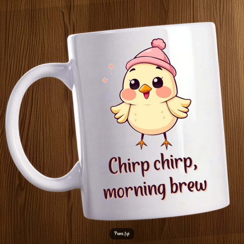 Funny mug featuring a happy cartoon bird wearing a tiny hat, chirping energetically with pure joy, a delightful start.