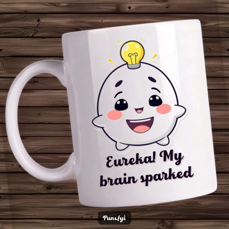 Funny mug with a grinning character whose head is topped by a glowing lightbulb, signifying a bright idea.