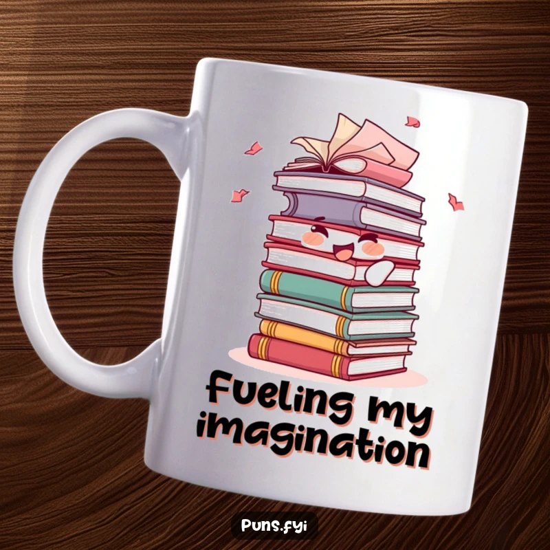 Funny mug with a joyful, anthropomorphic stack of books whose pages flutter playfully, celebrating the love of reading.