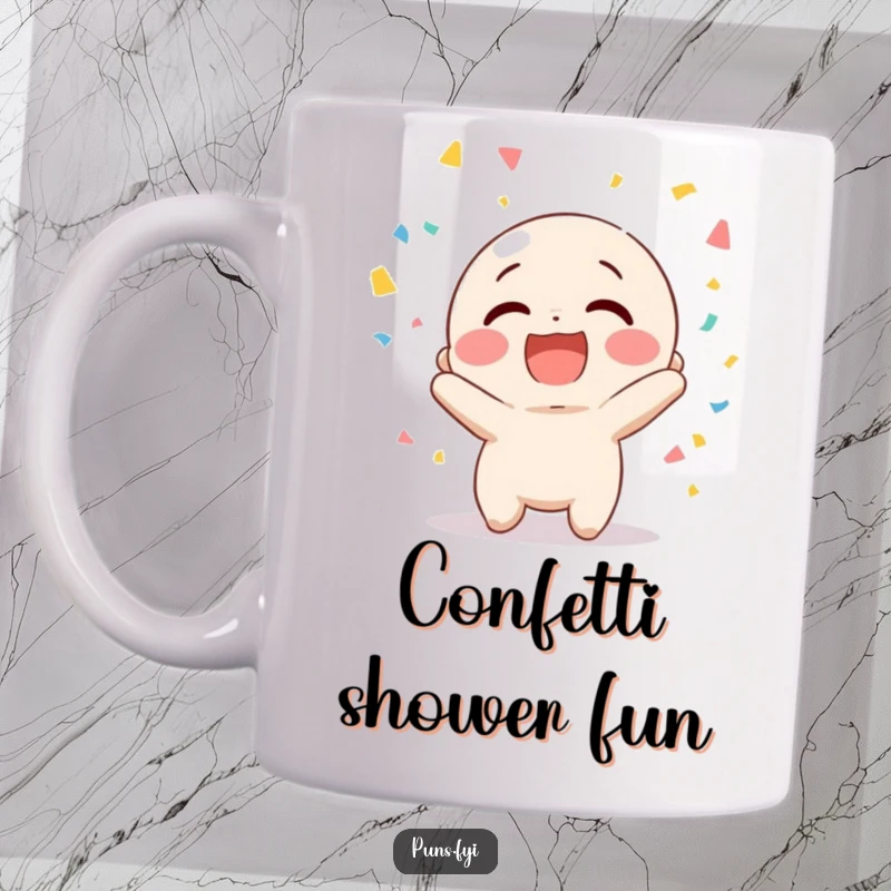 Funny mug featuring a happy character giggling uncontrollably while enthusiastically tossing handfuls of colorful confetti into the air.