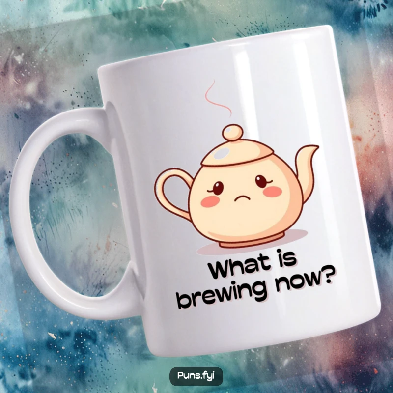 Funny mug featuring a teapot with its steam spout forming a question mark, expressing a comical look of confusion.