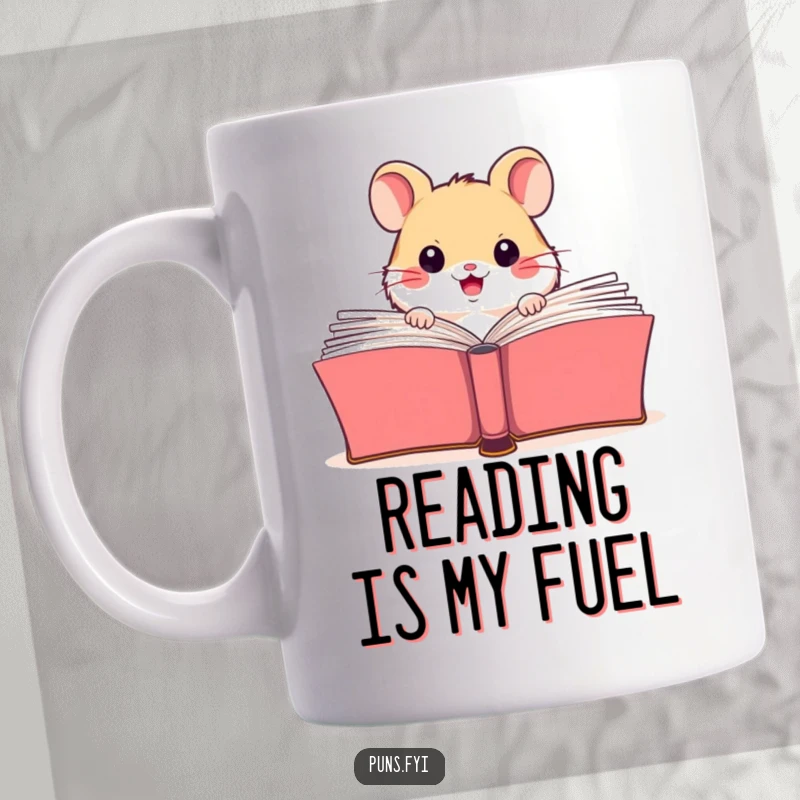 Funny hamster mug featuring a happy rodent peeking curiously from behind a large, open book, inviting smiles.