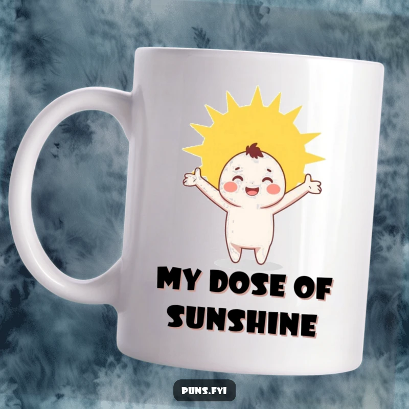 Funny Mug: A happy character stands with arms wide open, joyfully embracing a warm, radiant sunbeam.