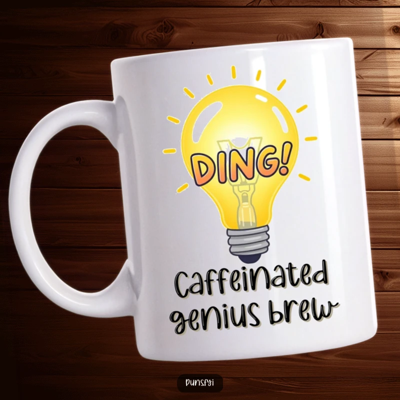 Funny Mug designed with a bright idea bulb illuminating and a DING! graphic, symbolizing inspiration and humor.