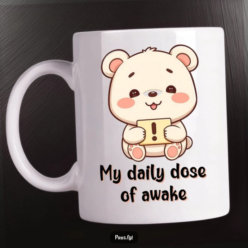 Funny kawaii bear with a playful grin holding an exclamation mark sign on a white mug, ideal for a funny gift.