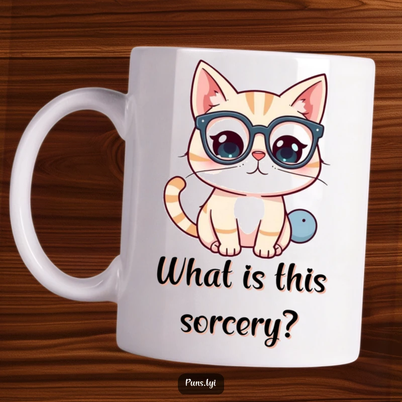 Funny kawaii cat wearing glasses, looking curiously at a giant question mark on a mug.