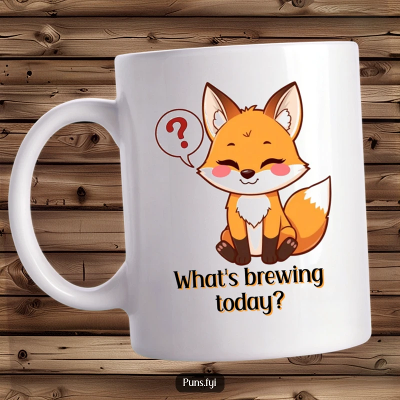 Funny mug with a playful fox grinning mischievously, holding a speech bubble full of question marks, sparking curiosity.