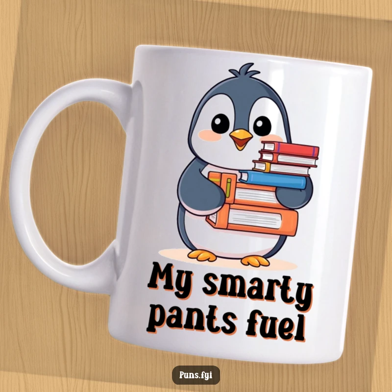 Funny Penguin Mug with a cheerful nod, holding a stack of books, symbolizing love for reading and learning.